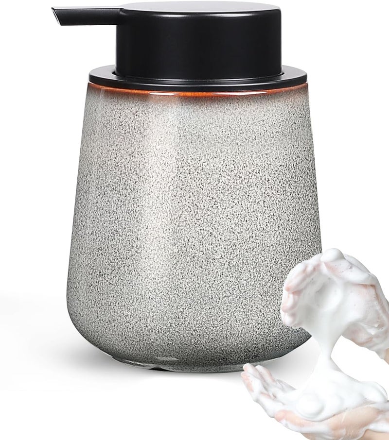 INGOFIN Ceramic Foaming Soap Dispenser -12oz Foam Hand Soap Dispenser Bathroom, Modern Refillable Dish Wash Soap Bottle for Kitchen with Large Pump,Kiln-Glazed - Image 1